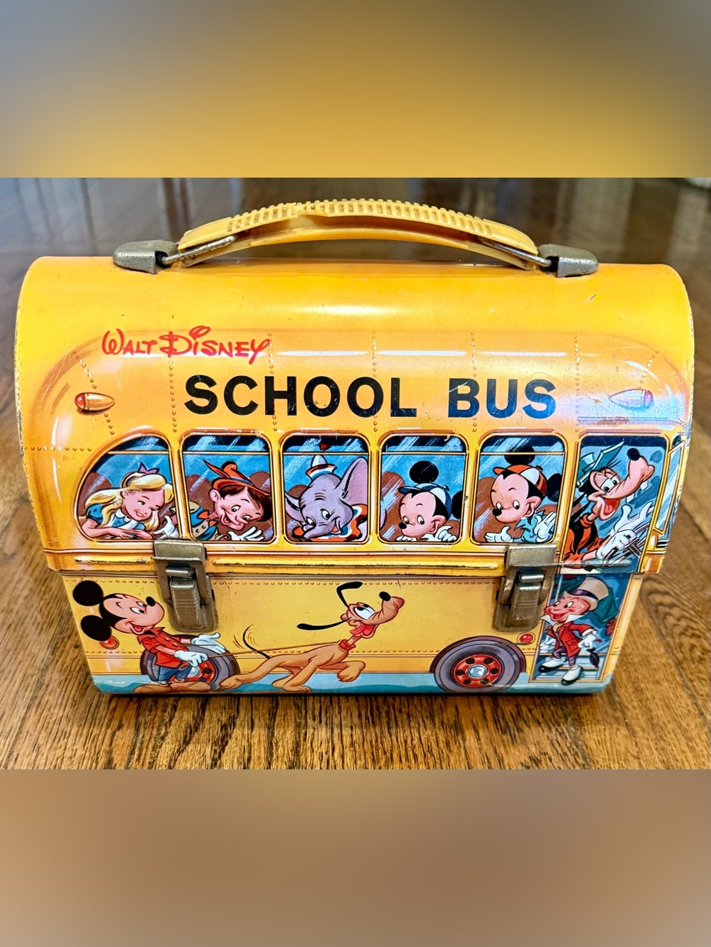 Vintage Walt Disney School Bus Metal Lunch Box Thermos Aladdin Mickey Mouse
